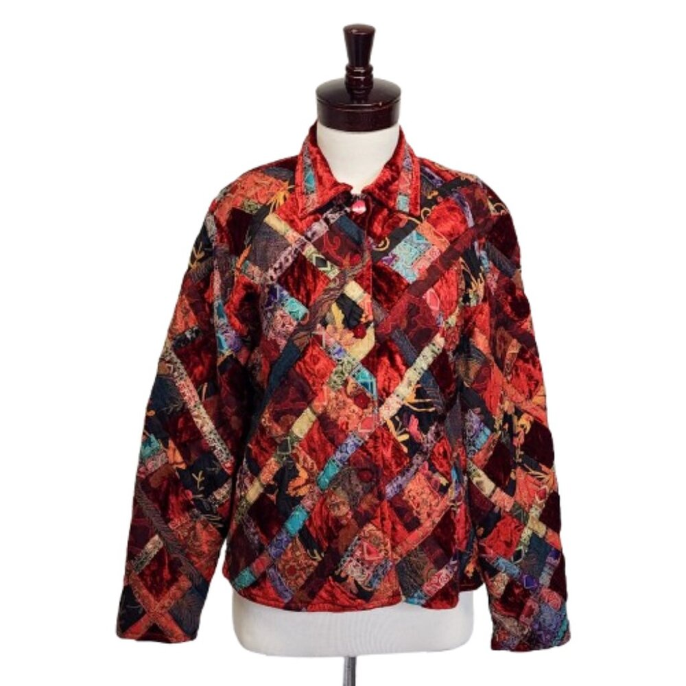 Coldwater Creek Womens XL Velvet Quilted Patchwork Multicolor Jacket Artsy Boho